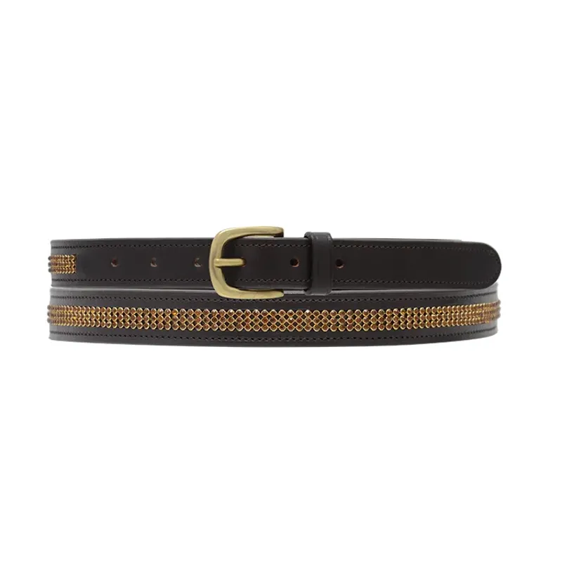 Hy Crystal Diamante Leather Belt - Brown - Gold Diamante - Brown/Diamante